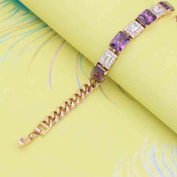 "Rose Gold Bracelet with Purple and CZ Rectangle Stones, XPBL0821 - Picture 2 of 12